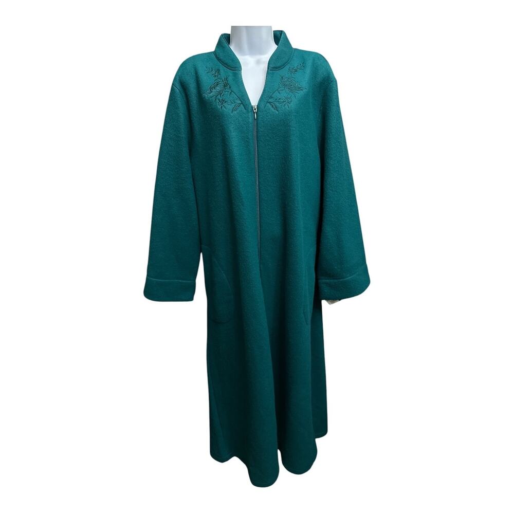 Miss Elaine XL Robe Emerald Green Embroidered Soft Fleece Full Zipper Front Long